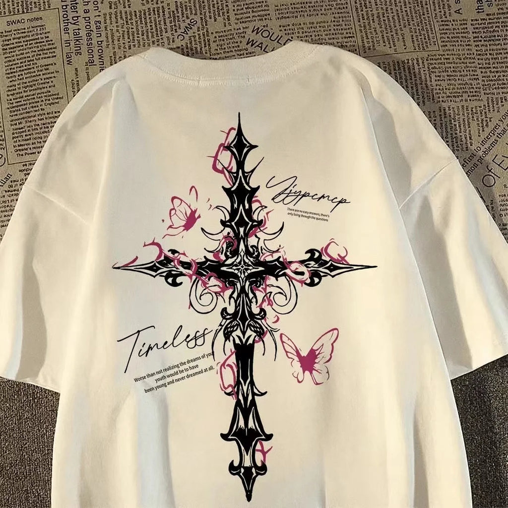 Hip-hop Cross Print Loose Short-sleeved T-shirt for Men and Women, American High Street Style for Summer