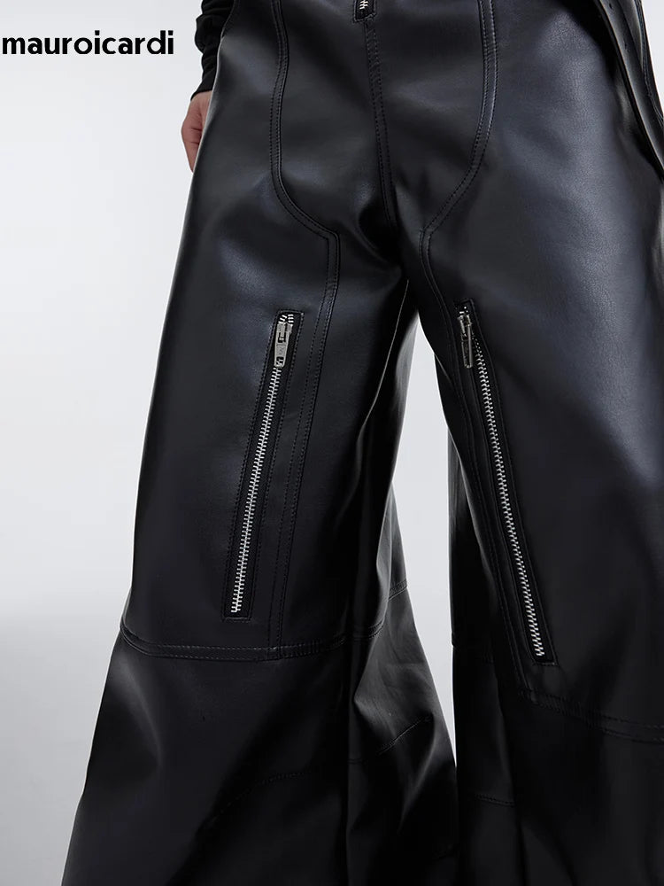Mauroicardi Autumn Long Black Baggy Pu Leather Wide Leg Cargo Pants for Men Three-dimensional Pockets Luxury Designer Clothes