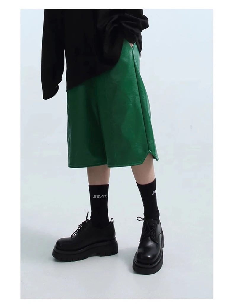 Mauroicardi Spring Summer Loose Casual Soft Black Pu Leather Shorts for Men Mens Elastic Waist Short Straight Pants Clothes 2023