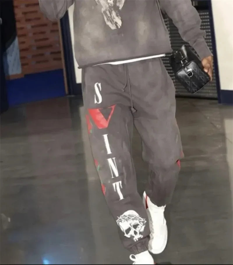 Sanskrit Printing Apricot Saint Sweatpants Men Women Jogger Drawstring Pants