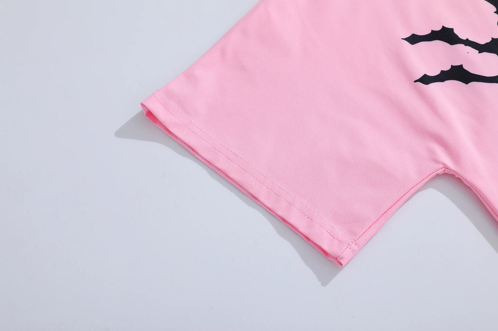Mens Pink Short Sleeve T-Shirt Distorted Cartoon Character Graphic Bold Exaggerated Print Alternative Art Streetwear Top