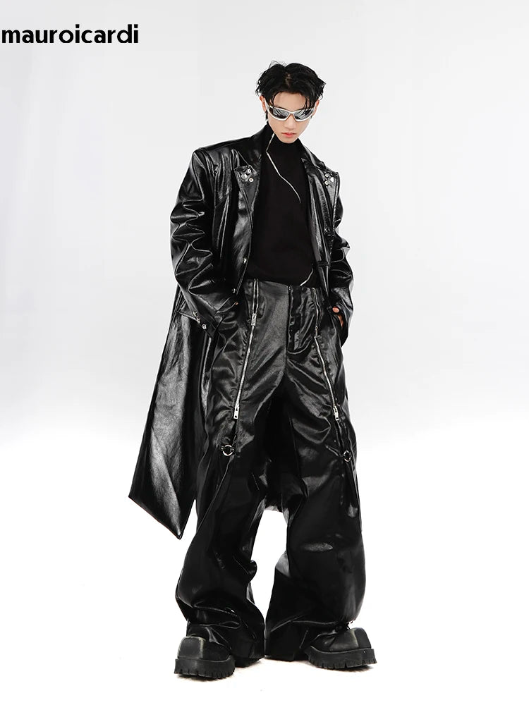 Mauroicardi Spring Autumn Cool Long Loose Casual Soft Black Silver Pu Leather Pants Men with Many Zippers Trousers Fashions 2023