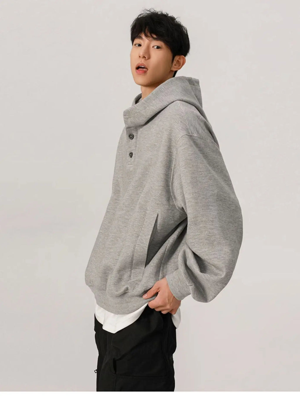 Mid-short hoodie for men, new spring and autumn style, American loose-fit, buttoned hooded stiff loose jacket