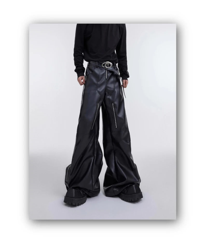 Mauroicardi Autumn Long Black Baggy Pu Leather Wide Leg Cargo Pants for Men Three-dimensional Pockets Luxury Designer Clothes