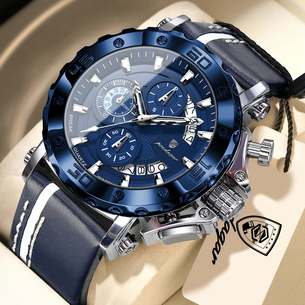 POEDAGAR Sports Watches For Man Waterproof Luminous Date Male Clock Chronograph Leather Quartz Functional Men's Wristwatch Reloj