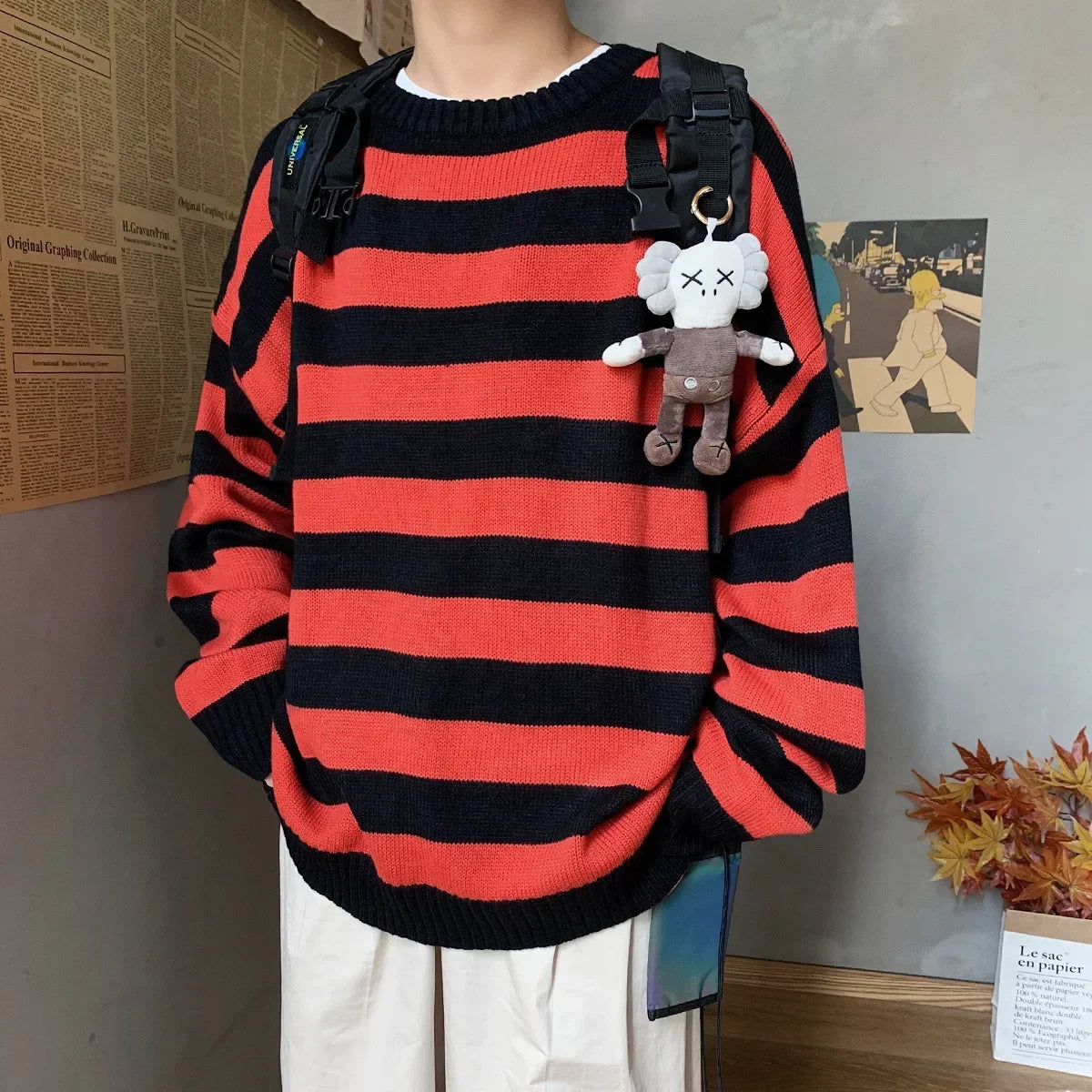 Classic Vintage Striped Sweater Men's Casual Japanese Trendy Red White Pullover Loose Round Neck Couple's Jumper Street Kintwear