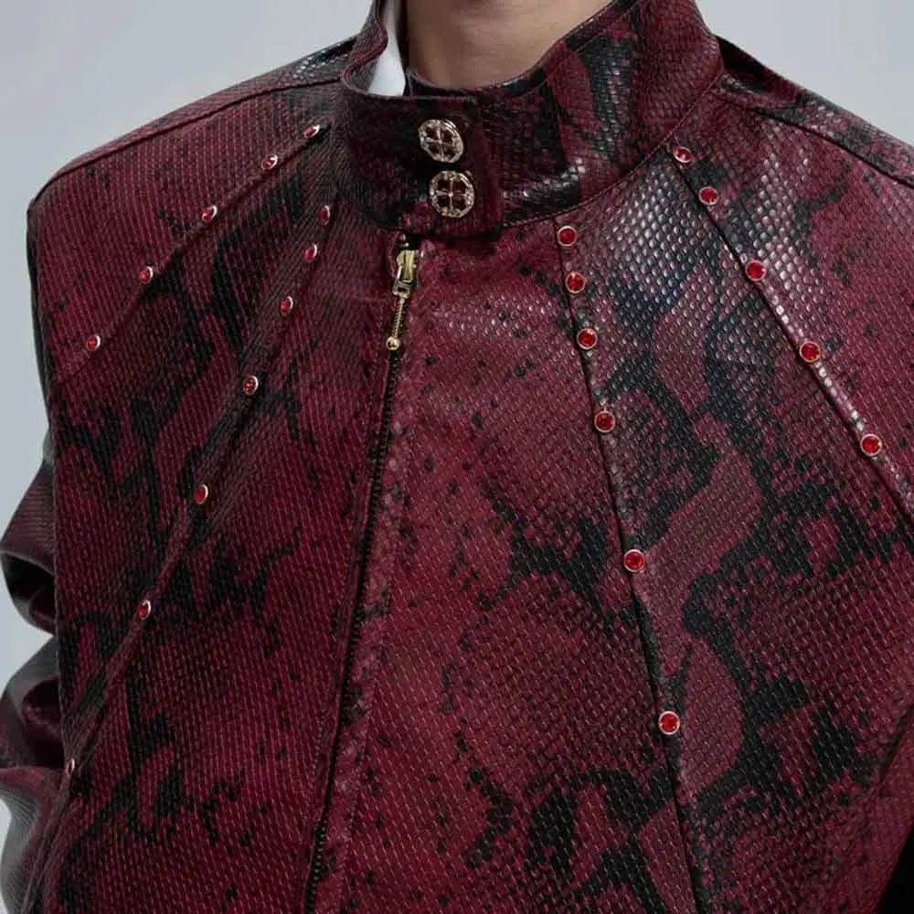 Mens Autumn Jacket Python Texture Jewel Embellished Jacket Streetwear Fashion Nightclub Cropped Top Men'S Clothing 2025 New