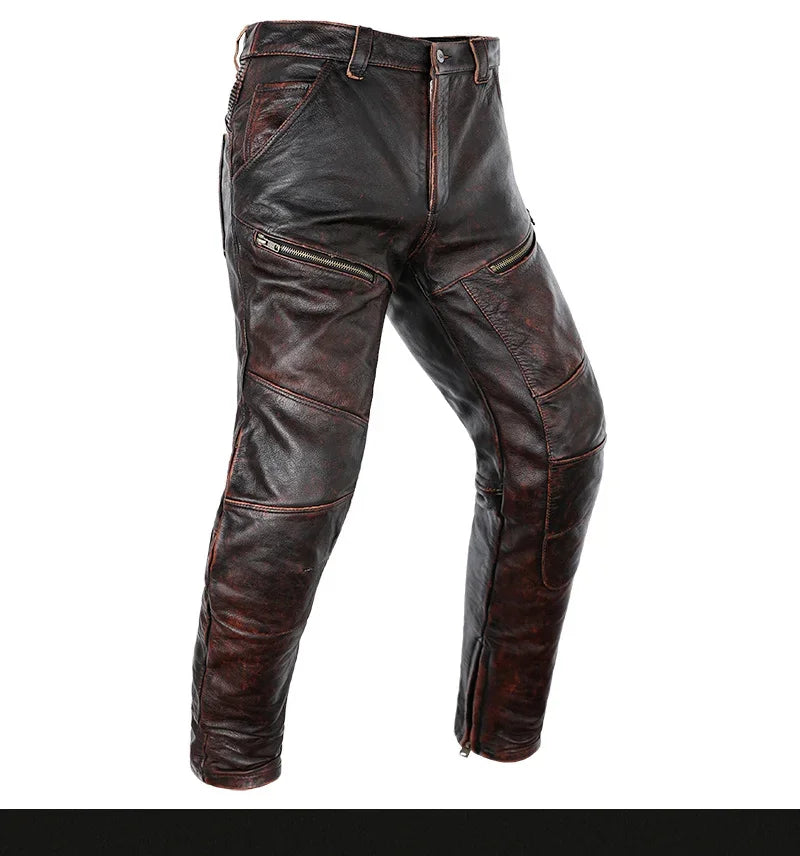 New Motorcycle Genuine Leather Pant Men's Thick Cowhide Vintage Brown Trousers For Men High Quality Moto Biker Slim Pants