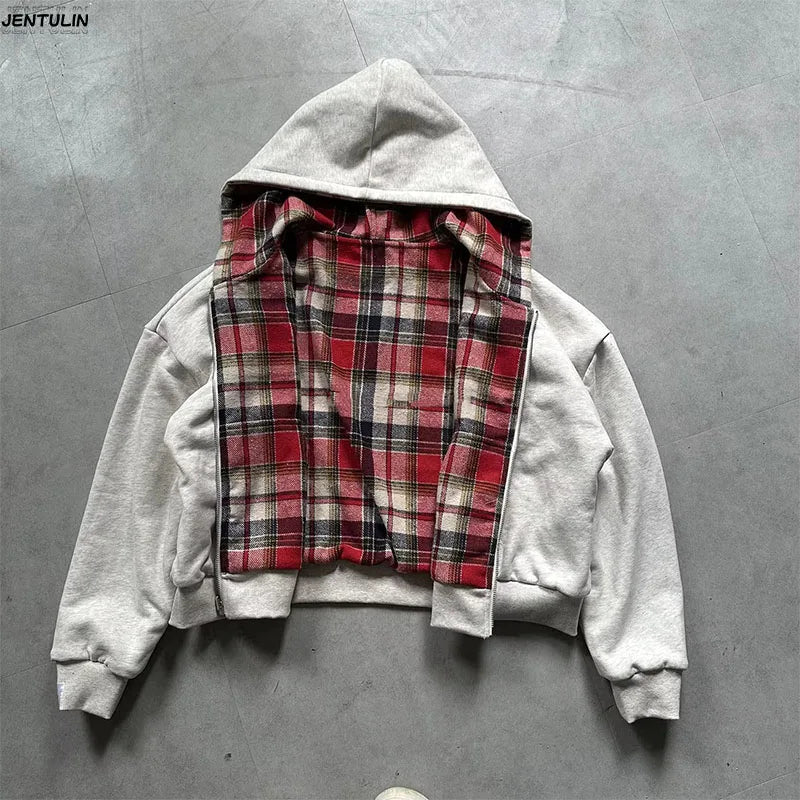 American Double-Sided Plaid Loose Zipper Hoodie Men Y2K New Harajuku Hip-Hop Gothic Couple Casual Joker Sweatshirt Street Wear