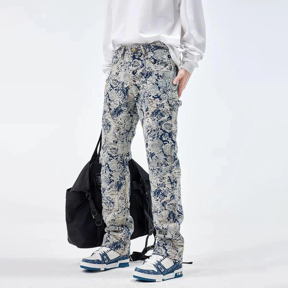Men Jeans Jacquard Washed Cargo Casual Straight Pants Streetwear Fashion Hip Hop Retro Trend Trousers Male Men'S Clothing 2024