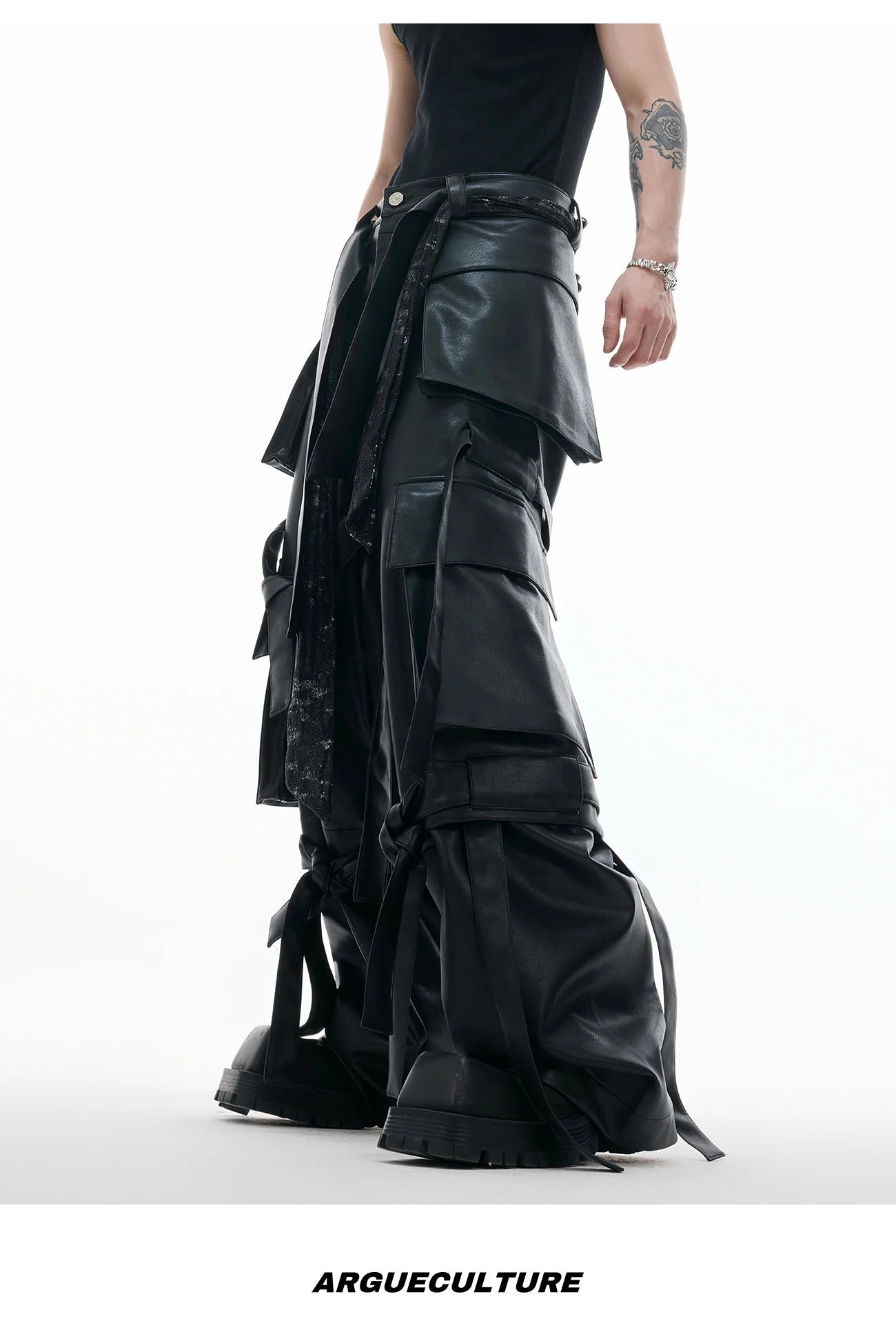 Mauroicardi Autumn Cool Long Baggy Black Pu Leather Wide Leg Cargo Pants Men Many Pockets Luxury Designer Emo Clothes Streetwear