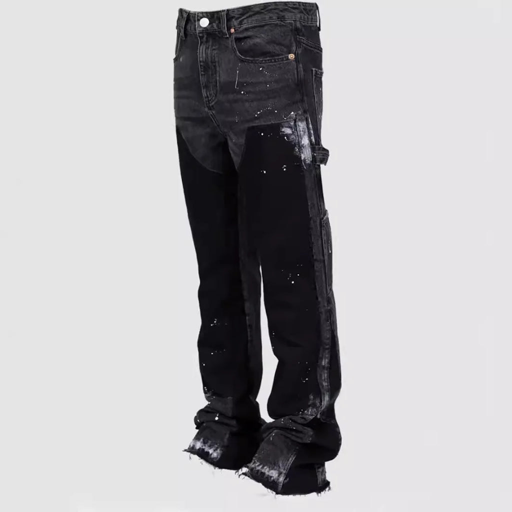 Men's Denim Work Pants workwear, Elastic Patch Denim Layered Flared Pants, Spring New Style