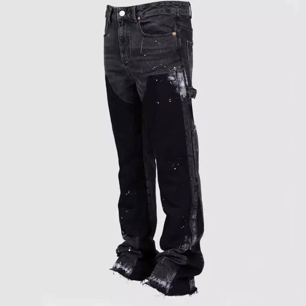 Men's Denim Work Pants workwear, Elastic Patch Denim Layered Flared Pants, Spring New Style