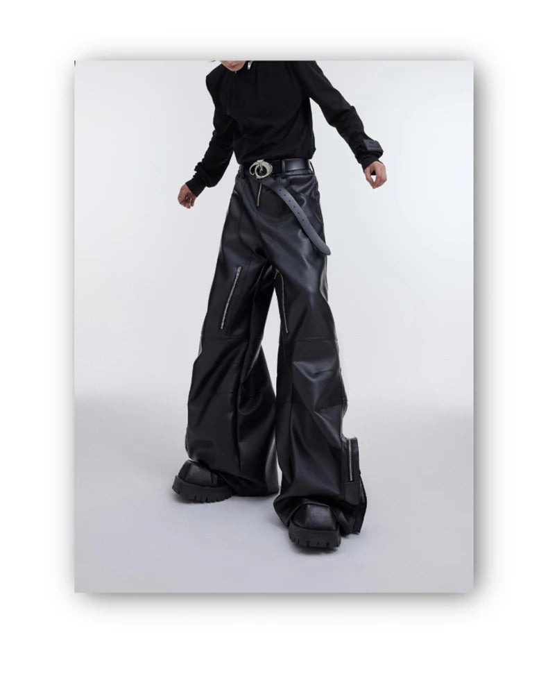 Mauroicardi Autumn Long Black Baggy Pu Leather Wide Leg Cargo Pants for Men Three-dimensional Pockets Luxury Designer Clothes