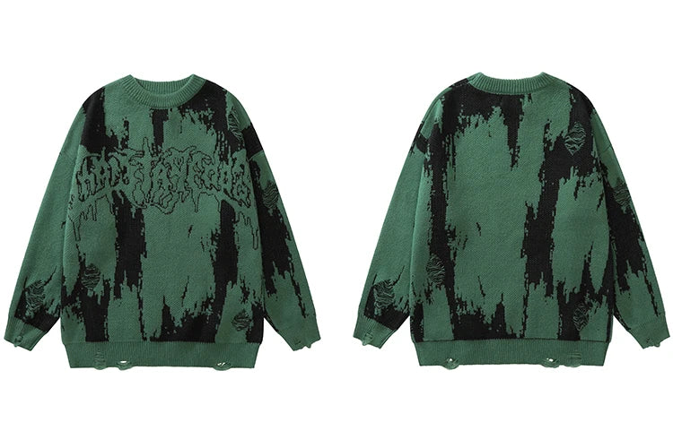 2025 Men Streetwear Ripped Sweater Distressed Vintage Letter Graphic Hip Hop Knitted Sweater Retro Pullover Sweater Hipster