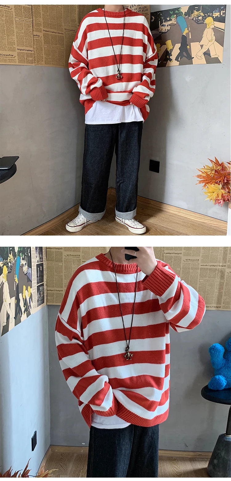 Classic Vintage Striped Sweater Men's Casual Japanese Trendy Red White Pullover Loose Round Neck Couple's Jumper Street Kintwear