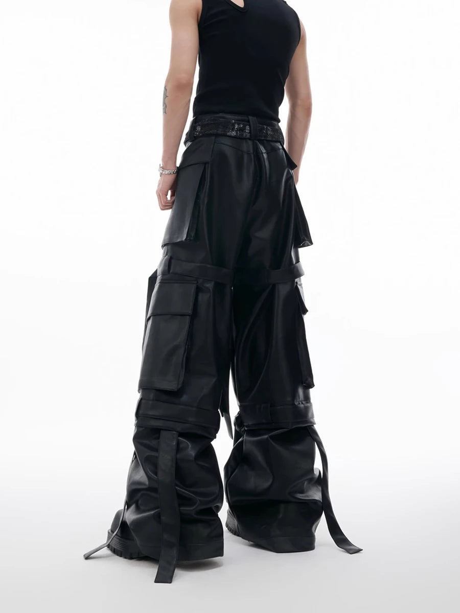 Mauroicardi Autumn Cool Long Baggy Black Pu Leather Wide Leg Cargo Pants Men Many Pockets Luxury Designer Emo Clothes Streetwear