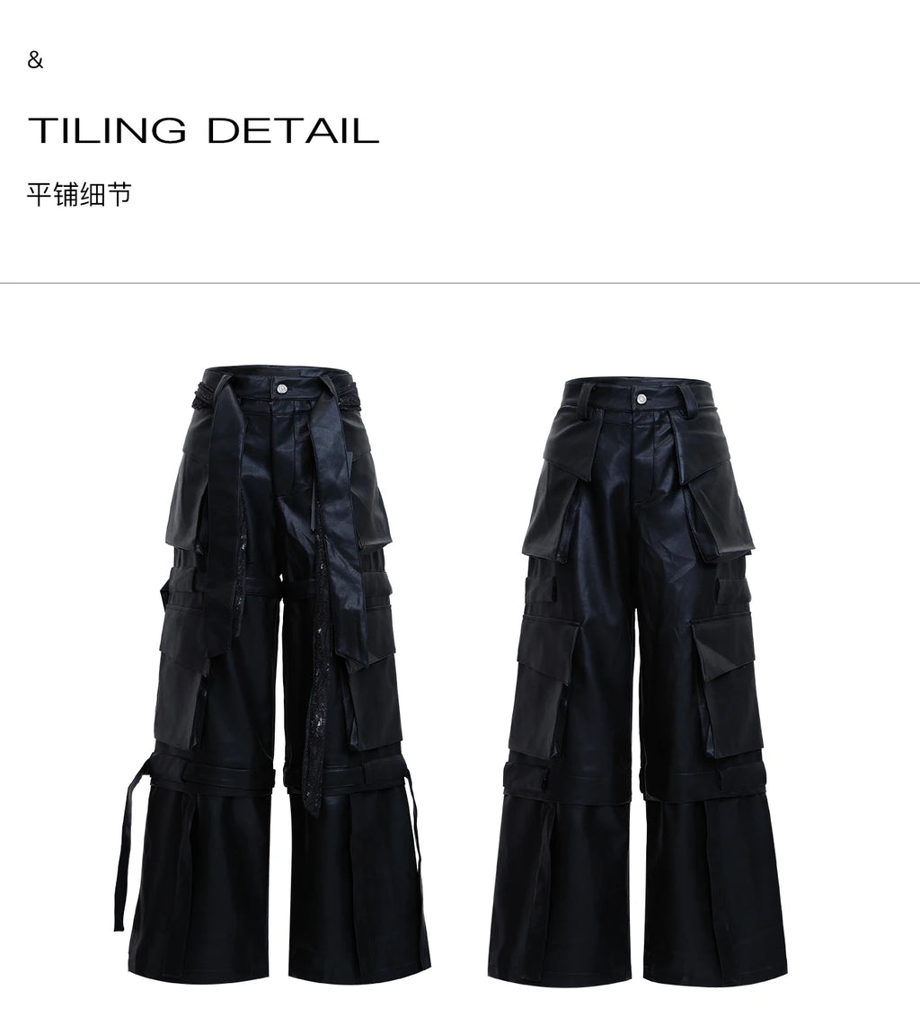 Mauroicardi Autumn Cool Long Baggy Black Pu Leather Wide Leg Cargo Pants Men Many Pockets Luxury Designer Emo Clothes Streetwear