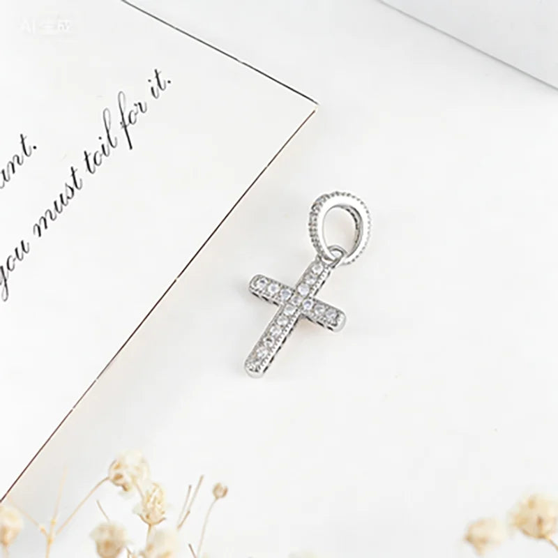 Sparkling CZ Cross Pendant Charm for Bracelet Necklace, 925 Sterling Silver Plated, Religious DIY Jewelry Gift for Women Men