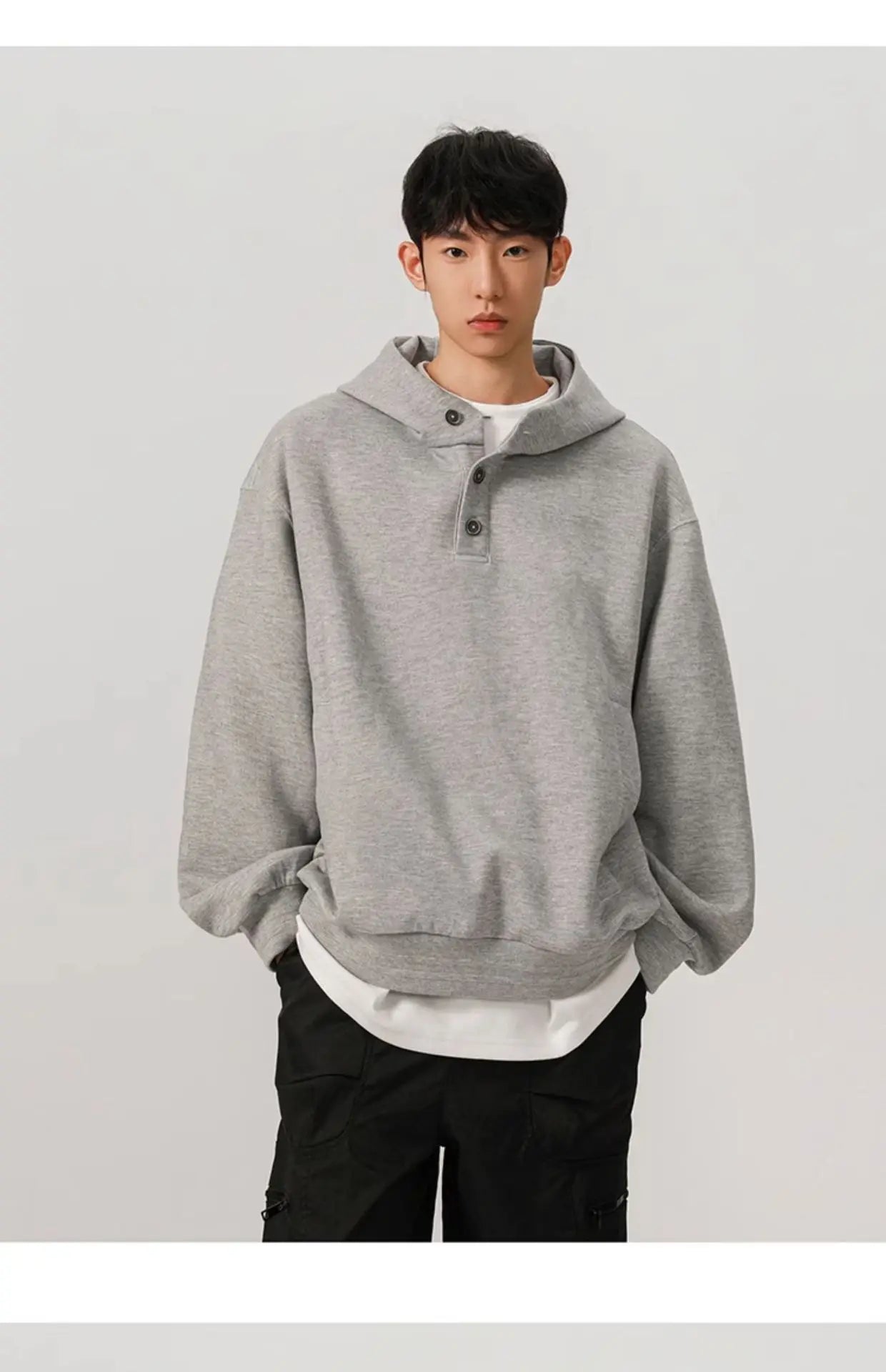 Mid-short hoodie for men, new spring and autumn style, American loose-fit, buttoned hooded stiff loose jacket