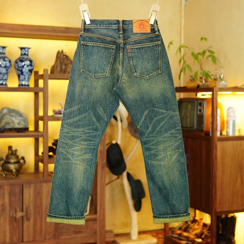14.5oz Emerald Green Red Selvedge Denim Jeans for Men Autumn American Vintage 100% Cotton Casual Relaxed Straight Leg Pants 5KM