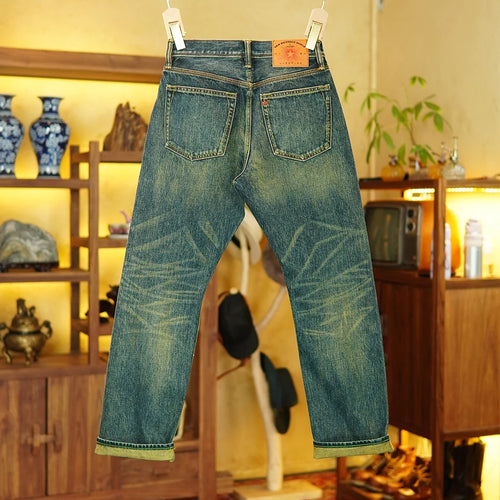 14.5oz Emerald Green Red Selvedge Denim Jeans for Men Autumn American Vintage 100% Cotton Casual Relaxed Straight Leg Pants 5KM
