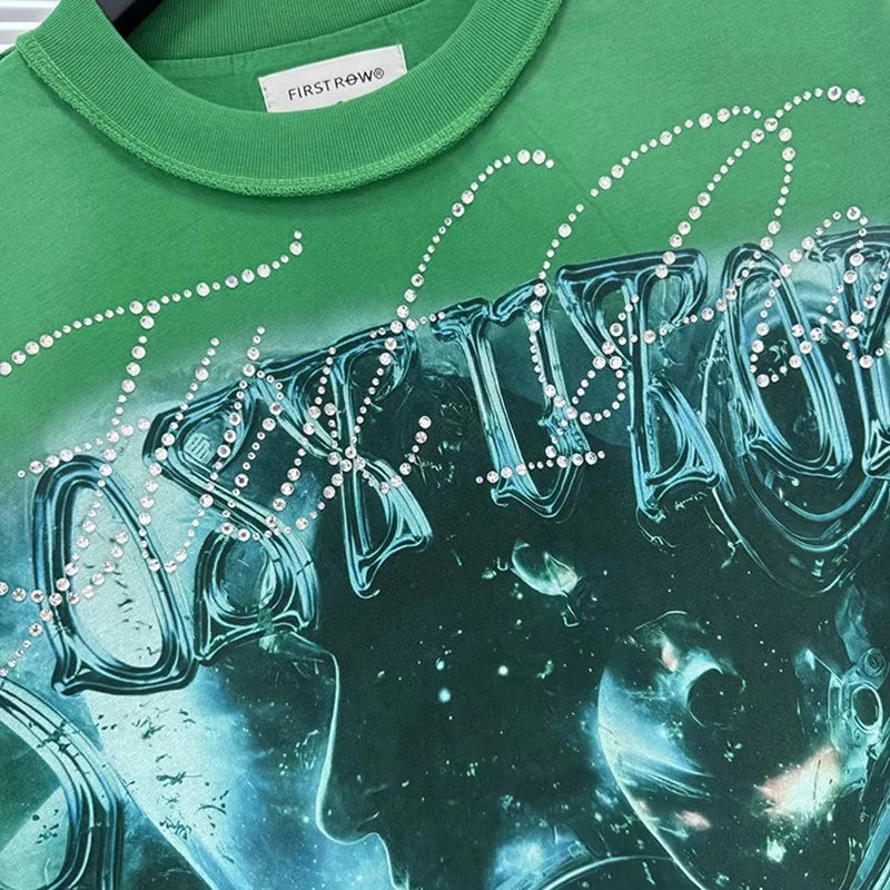 Casual FIRST ROW T-Shirts Washed  Street Fashion American Style Hot Drill Letters Mens Womens High Quality Short Sleeves Tee