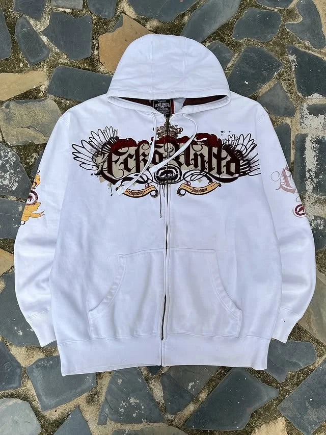 Y2K Gothic Ecko Skull Printing Hoodie Men Women Streetwear Punk Oversize Black Sweatshirt Dark Artistic Casual Pullover