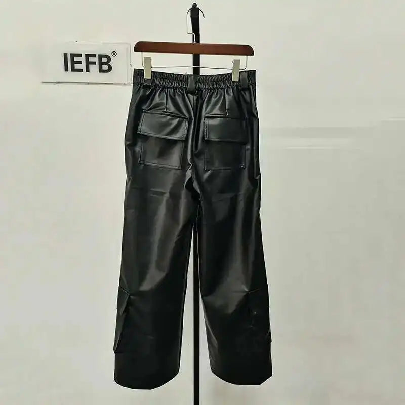 IEFB Spring Men's Leather Trousers Rivet Niche Design PU Casual Pants Solid Color Wide Leg Male Streetwear Niche Design 24X3131