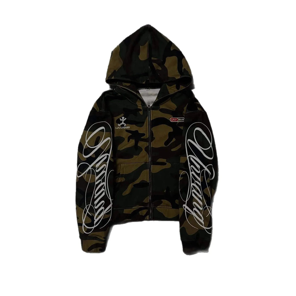 Autumn new men's and women's high street fashion embroidery camouflage Harajuku ins style zipper hooded sweatshirt Y2k clothing