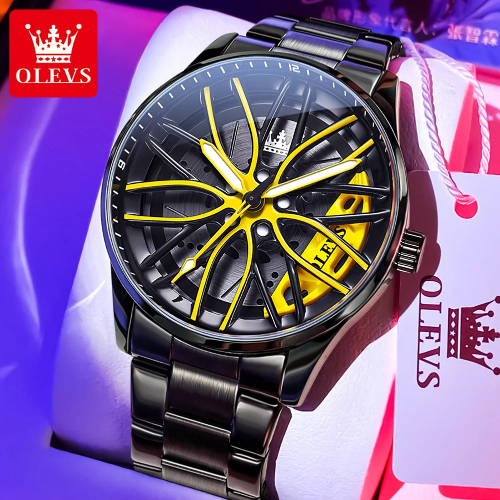 OLEVS 9937 Quartz Watch for Men Fashion 3D Hollow Wheel Rotary Dial Black Stainless Steel Waterproof Luminous Sports Wristwatch