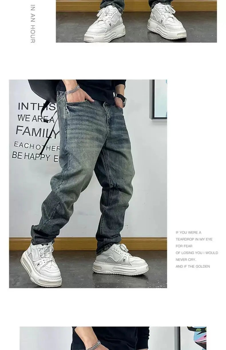 Fashion Brand Retro Washed Pure Cotton Jeans for Men Loose Small Right Angle Personalized Embroidery Versatile Casual Pants