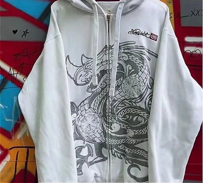 Ecko Dark Gothic Skull Eye Print Hoodie Men Women Streetwear Punk Oversize Black Sweatshirt Distressed Artistic Casual Pullover