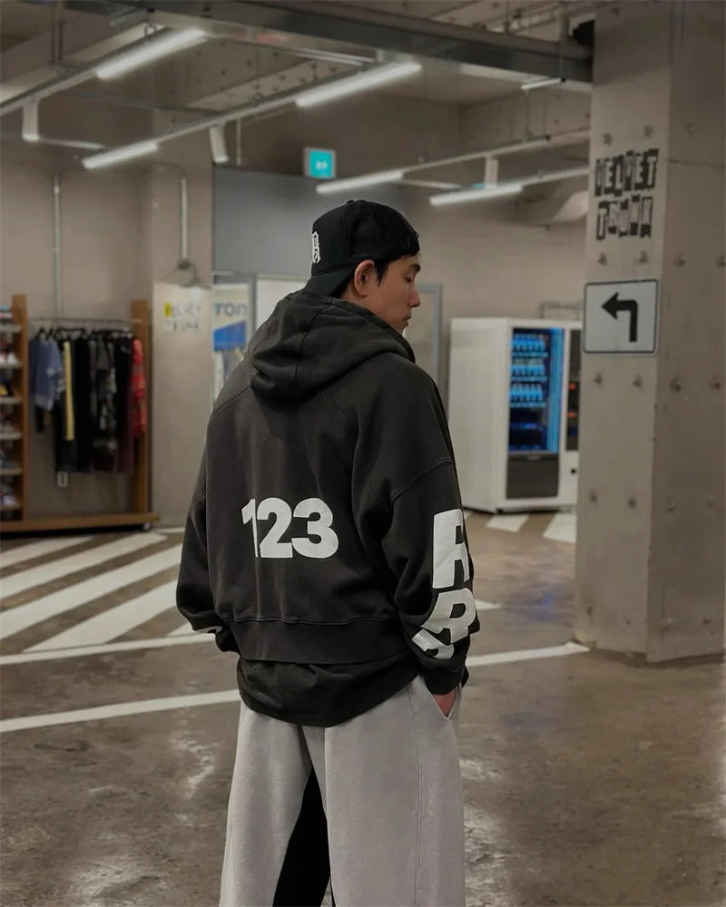 Heavyweight Fabric RRR123 Digital Embroidery Hooded Sweatshirt Washed Black Oversized Men Women Premium Quality Hoodie