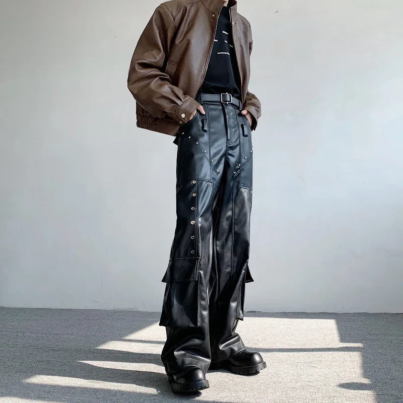 Men's Faux Leather Cargo Pants With Rivet, Y2K  Streetwear Black  Wide-leg Trousers, Autumn/Winter Gothic Mans Baggy Pants