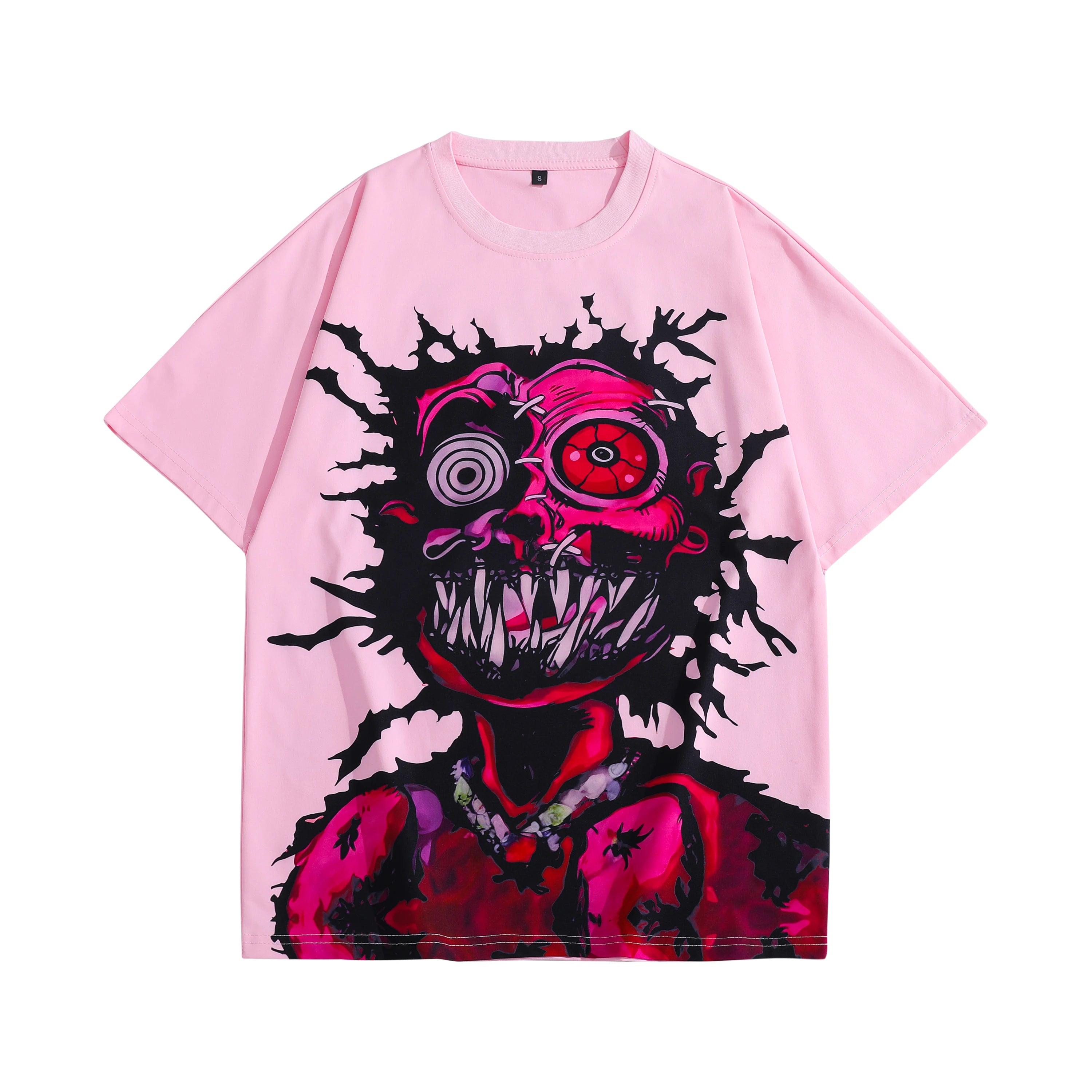 Mens Pink Short Sleeve T-Shirt Distorted Cartoon Character Graphic Bold Exaggerated Print Alternative Art Streetwear Top