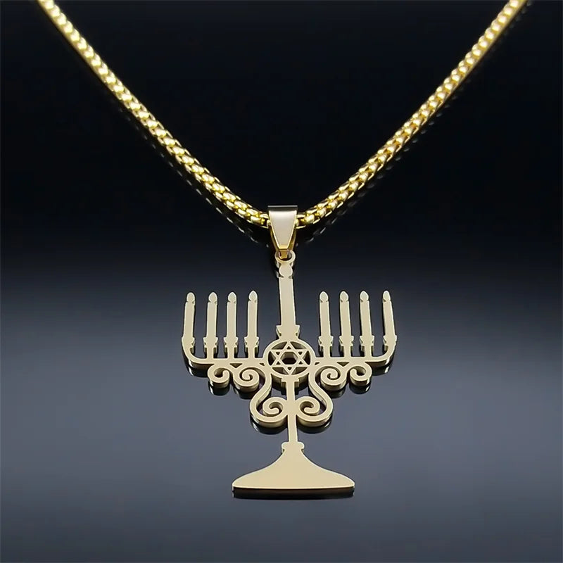 Judaica Israel Lamp Hanukkah Menorah Necklace for Women Men Stainless Steel Silver Color Star of David Necklace Jewelry N8062S02