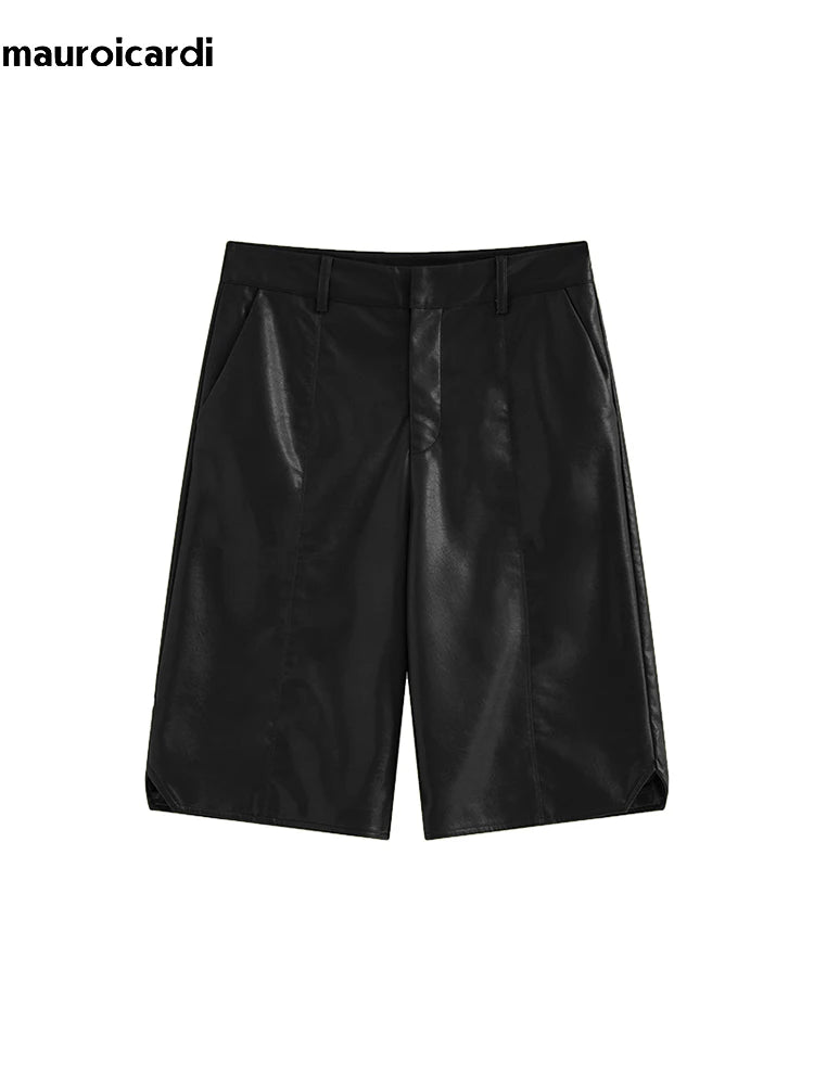 Mauroicardi Spring Summer Loose Casual Soft Black Pu Leather Shorts for Men Mens Elastic Waist Short Straight Pants Clothes 2023