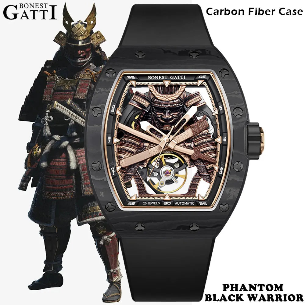 BONEST GATTI Carbon Fiber Case Men Automatic Movement Wristwatch Skeleton Warrior Sapphire Glass Mechanical Watches for Men 2025
