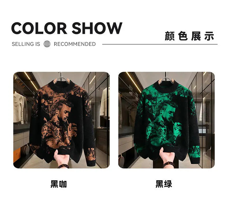 Retro Men's Printed Slim Knit Sweater for Men's Base, 2025 Brand Premium Tops, High-quality Men's Plus Size Warm Sweater