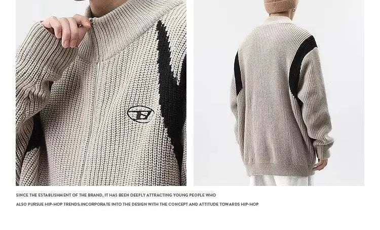 Double Zipper Cardigan Sweater Men Women Retro Loose Knitted Jumpers Autumn Streetwear Harajuku Street Color Block Jacket New