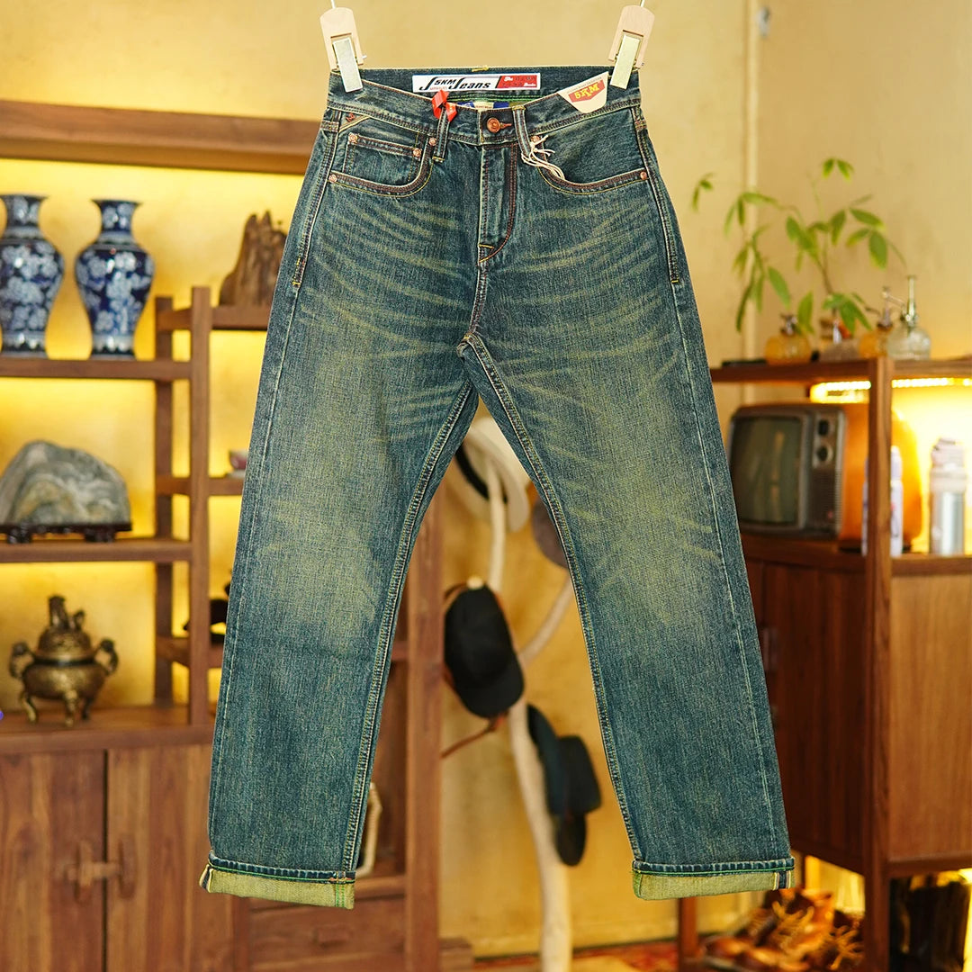 14.5oz Emerald Green Red Selvedge Denim Jeans for Men Autumn American Vintage 100% Cotton Casual Relaxed Straight Leg Pants 5KM