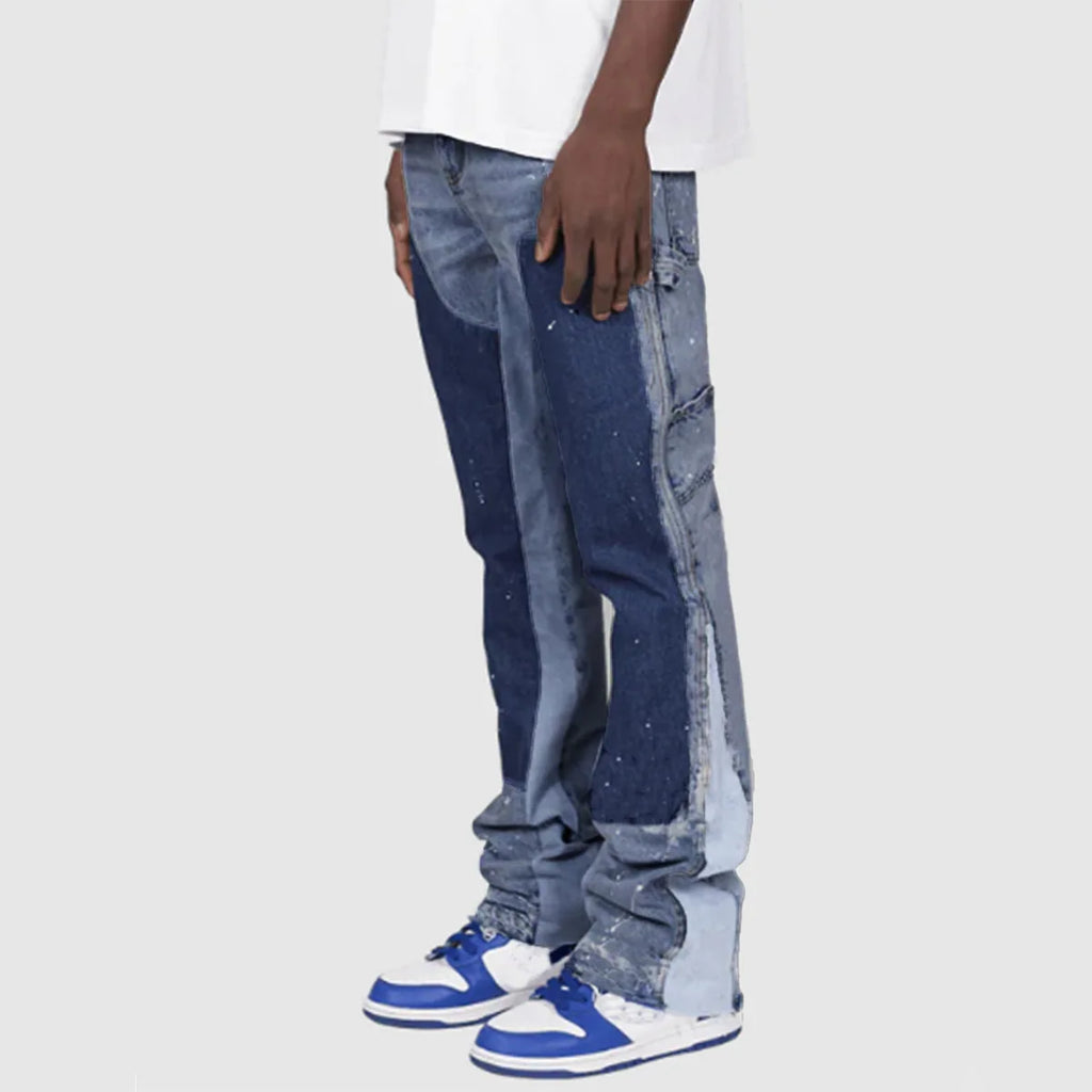 Men's Denim Work Pants workwear, Elastic Patch Denim Layered Flared Pants, Spring New Style