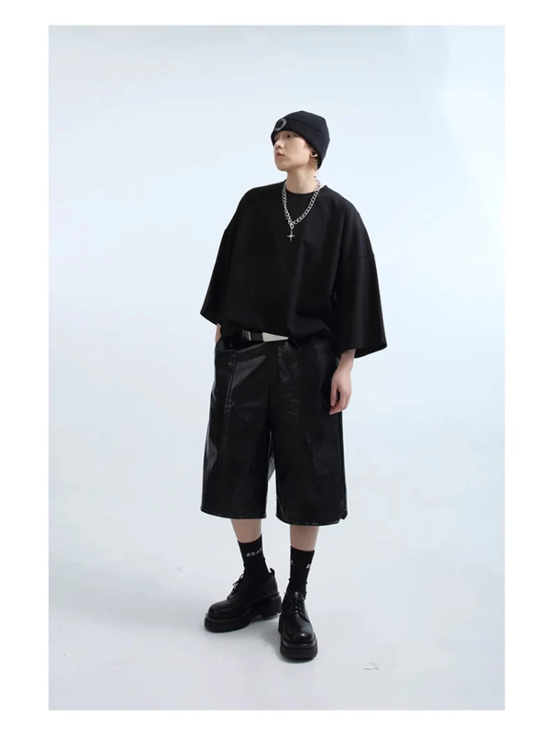 Mauroicardi Spring Summer Loose Casual Soft Black Pu Leather Shorts for Men Mens Elastic Waist Short Straight Pants Clothes 2023
