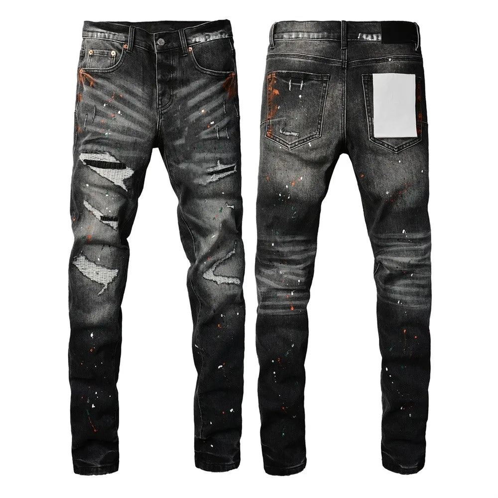 New Fashion Jeans Men High Street Black Splashing ink graffiti Distressed Hole Stretch Skinny Button Fly Ripped Jeans Brand