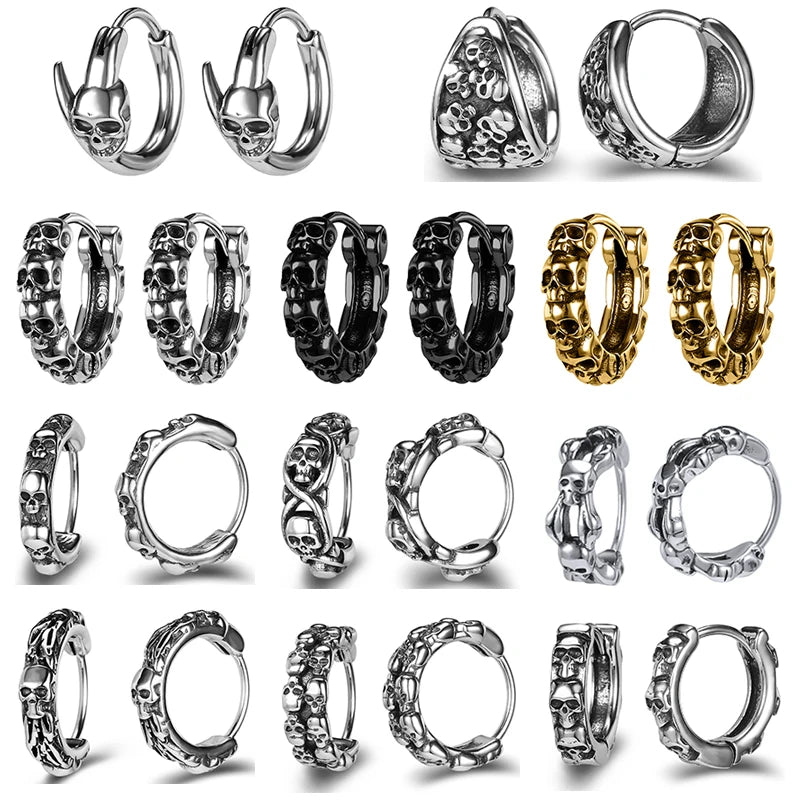 ZS Stainless Steel Earring Jewelry Punk Rock Black Earring Women Skull Hoop Earring Skull Round Earring Men Piercing Jewelry