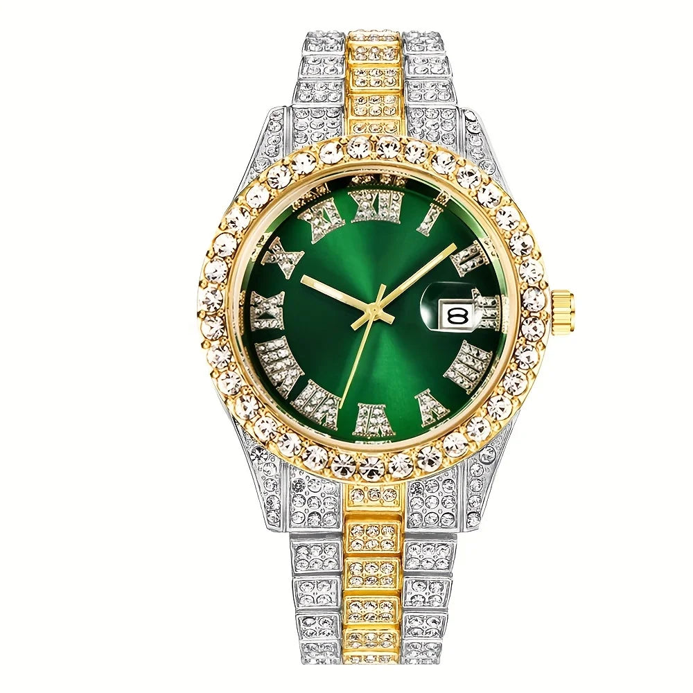 Mens Hip Hop Watch VintagInspired Retro Quartz Timepiece with Oversized Rhinestone Dial and Durable Stainless Steel Band for Men