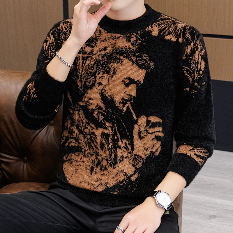 Retro Men's Printed Slim Knit Sweater for Men's Base, 2025 Brand Premium Tops, High-quality Men's Plus Size Warm Sweater