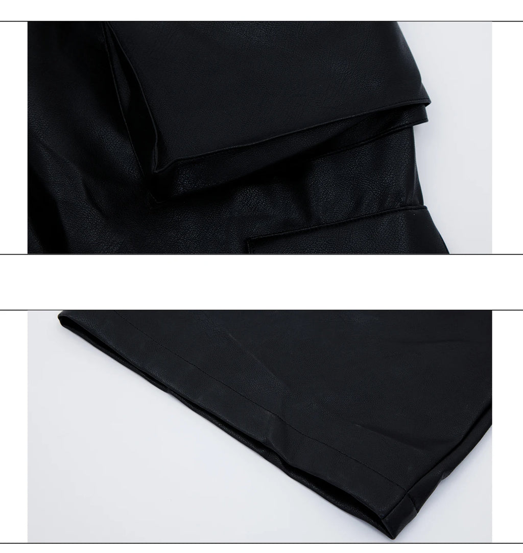 Mauroicardi Autumn Cool Long Baggy Black Pu Leather Wide Leg Cargo Pants Men Many Pockets Luxury Designer Emo Clothes Streetwear
