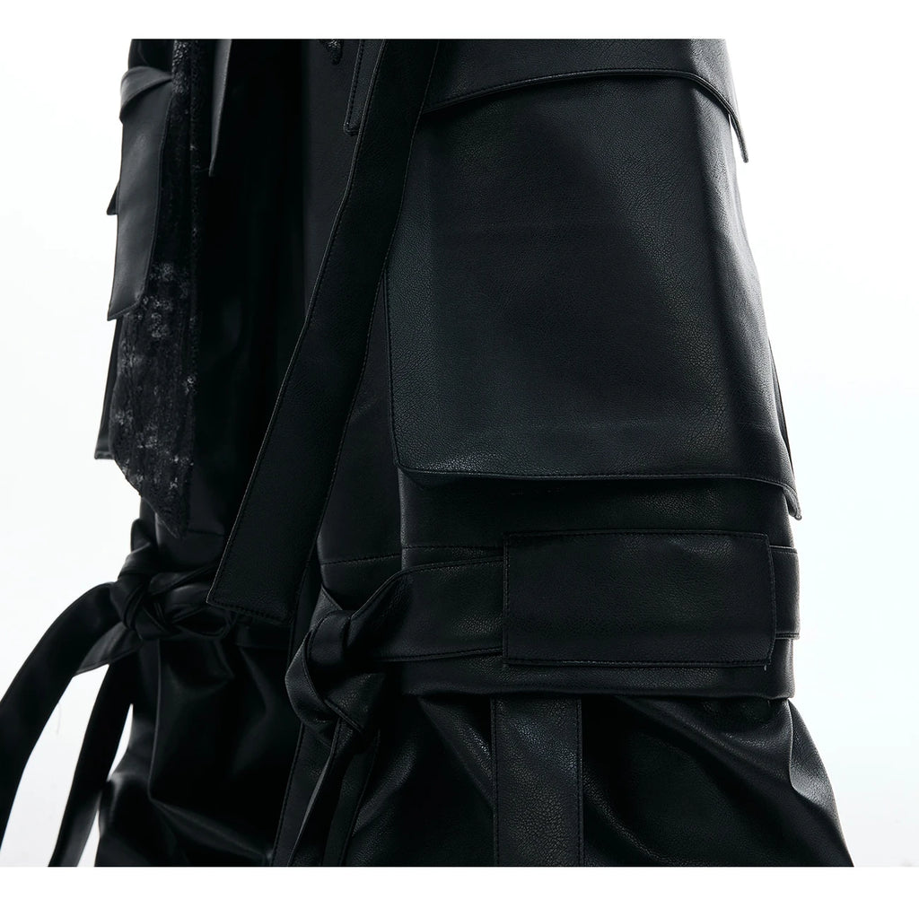 Mauroicardi Autumn Cool Long Baggy Black Pu Leather Wide Leg Cargo Pants Men Many Pockets Luxury Designer Emo Clothes Streetwear